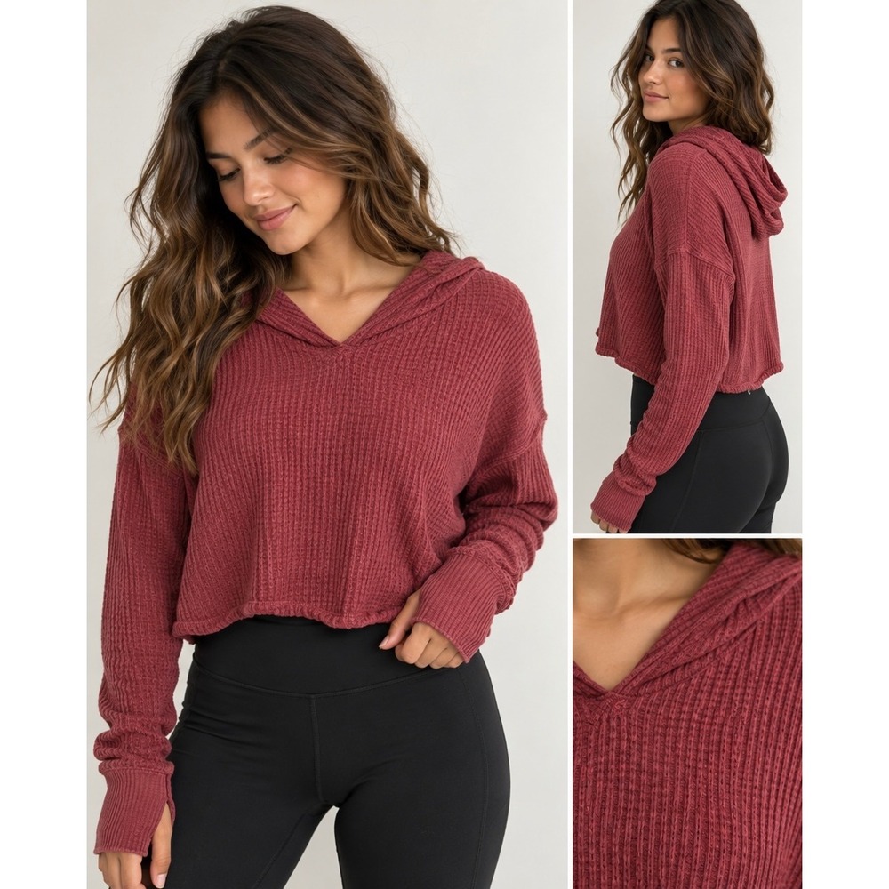 OFFLINE Aerie Waffle Knit Cropped Hoodie Size XS Burgundy Pull Over Thumbholes